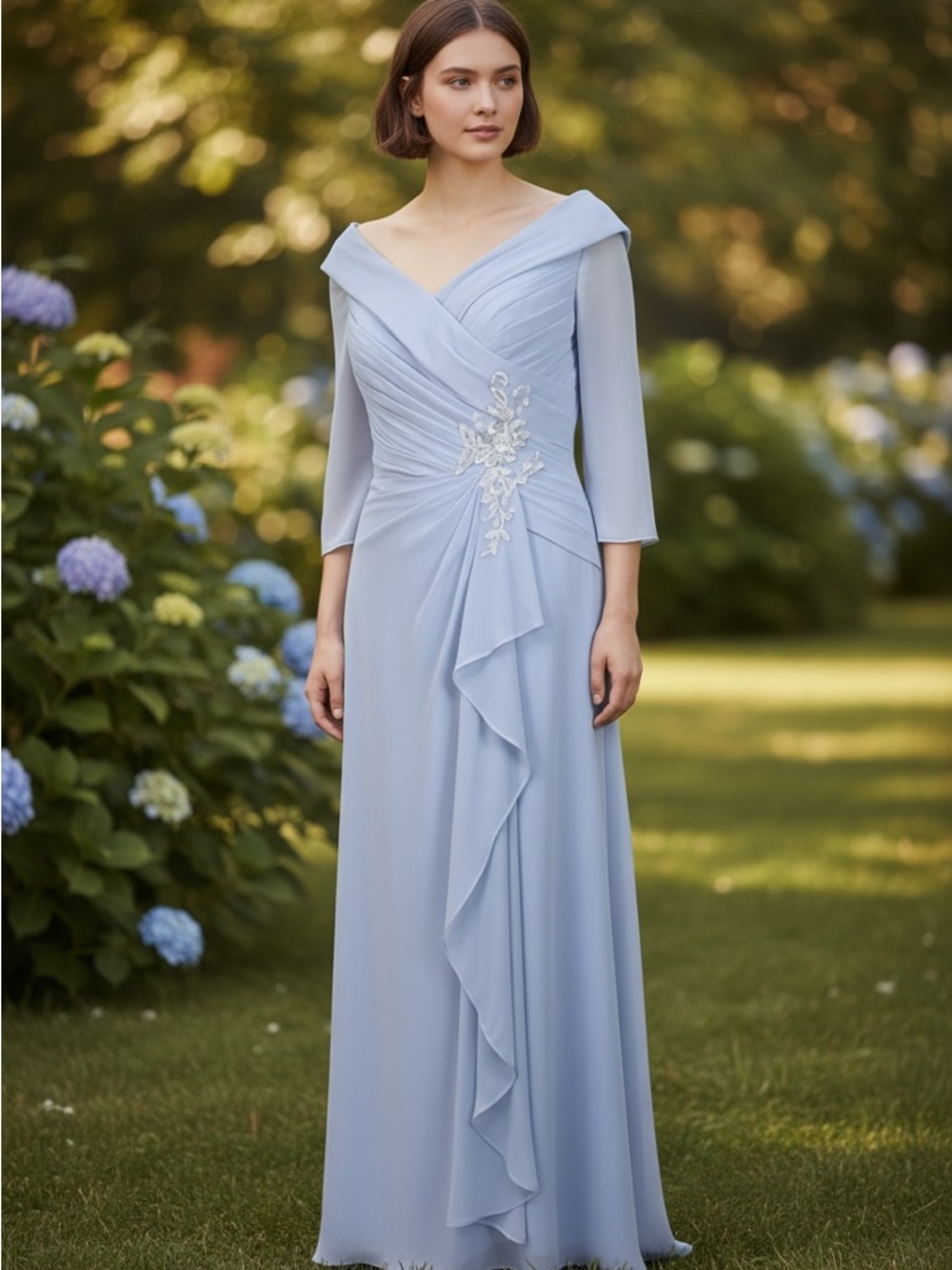 Elegant Light Blue V-Neck Evening Dress with Embroidered Detail